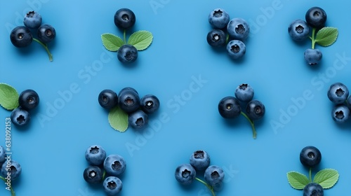 Blueberries photo realistic flat lay pattern background.
