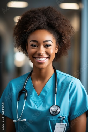 Cute african american medical nurse wearing blue uniform and smiling. Generative AI