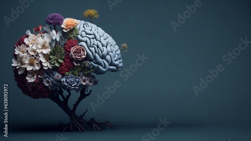 Concept mental health, Human brain with flowers, self care, positive thinking, creative mind, Generative AI