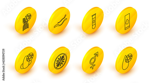 Set line Blood test and virus, Gender, Stop, Runny nose, Ebola disease and DNA symbol icon. Vector