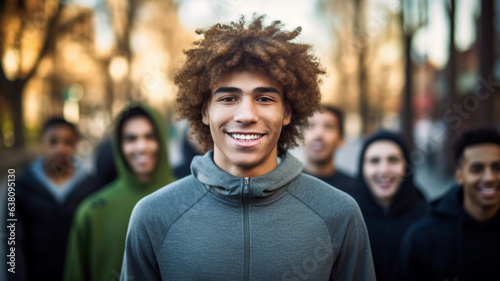young people or young adult man in a larger group or crowd, football club or clique or school class or young people or students or with friends in a group, together outside in their free time photo