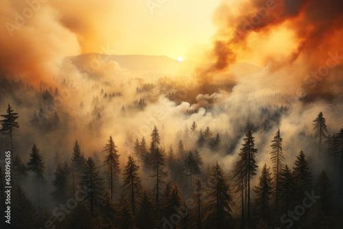 very powerful forest fire, burning and deciduous coniferous forest, aerial view