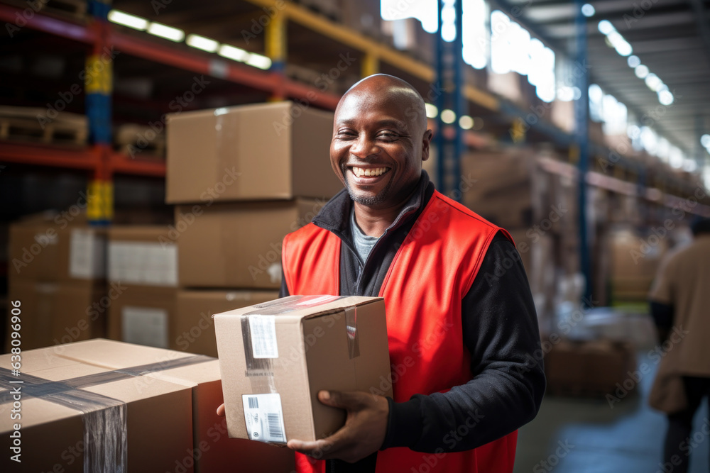 Photo of a man holding a box in a warehouse Photo of a man holding a box in a warehouse