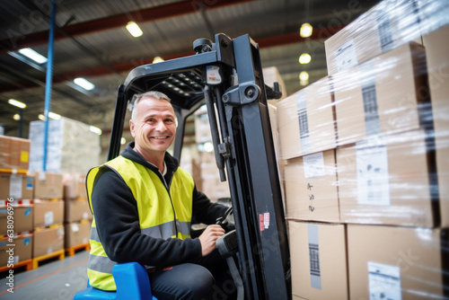 Photo of a man operating a forklift in a warehouse