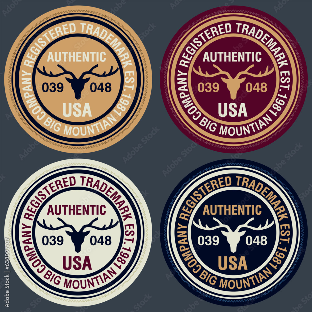 Set of college and university school logo crests and emblems Deer and text authentic USA Big Mountain.