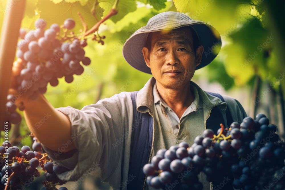 Obraz premium Asian man working in vineyard, wine grape farmer worker portrait. Generative AI