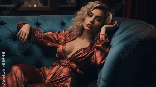Beautiful sexy blonde woman sitting laying on couch sofa, wearing a stylish fashionable luxurious silk satin dress, clothing catalog, room, furniture