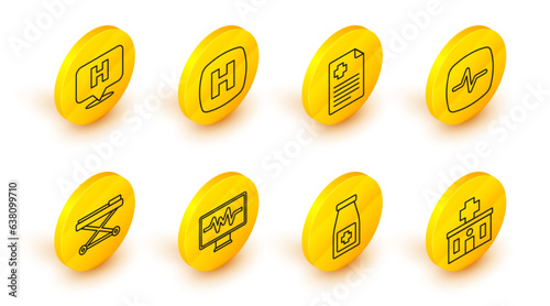 Set line Hospital building, Medicine bottle and pills, Monitor with cardiogram, Stretcher, Heart rate, Patient record, signboard and Location hospital icon. Vector