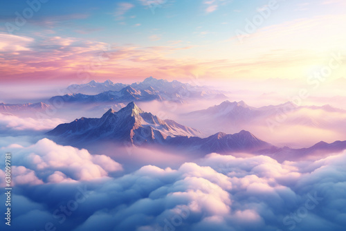 Overlooking the sea of clouds and mountains from the top of the mountain. Imaginative natural scenery.