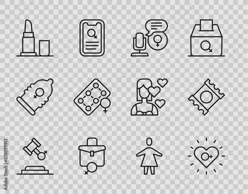 Set line Female rights, Feminism, Microphone, Work for female, Lipstick, Packaging of birth control pills, and Condom package icon. Vector
