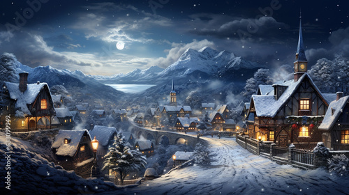A panoramic view of a snowy village, where houses are aglow with twinkling lights and snow-covered roofs.   © Kateryna Arkhypova