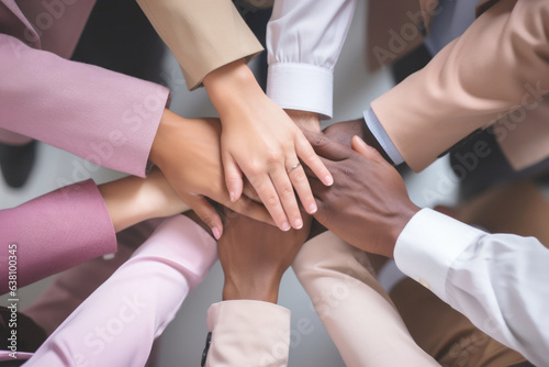 Team members from diverse origins assemble, stacking their hands at the center in a display of teamwork unity, underscoring the value of diversity and cooperative in workplace environments