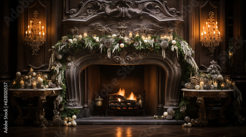 An ornate fireplace mantel adorned with garlands, candles, and stockings, creating a picture-perfect Christmas scene.   © Kateryna Arkhypova