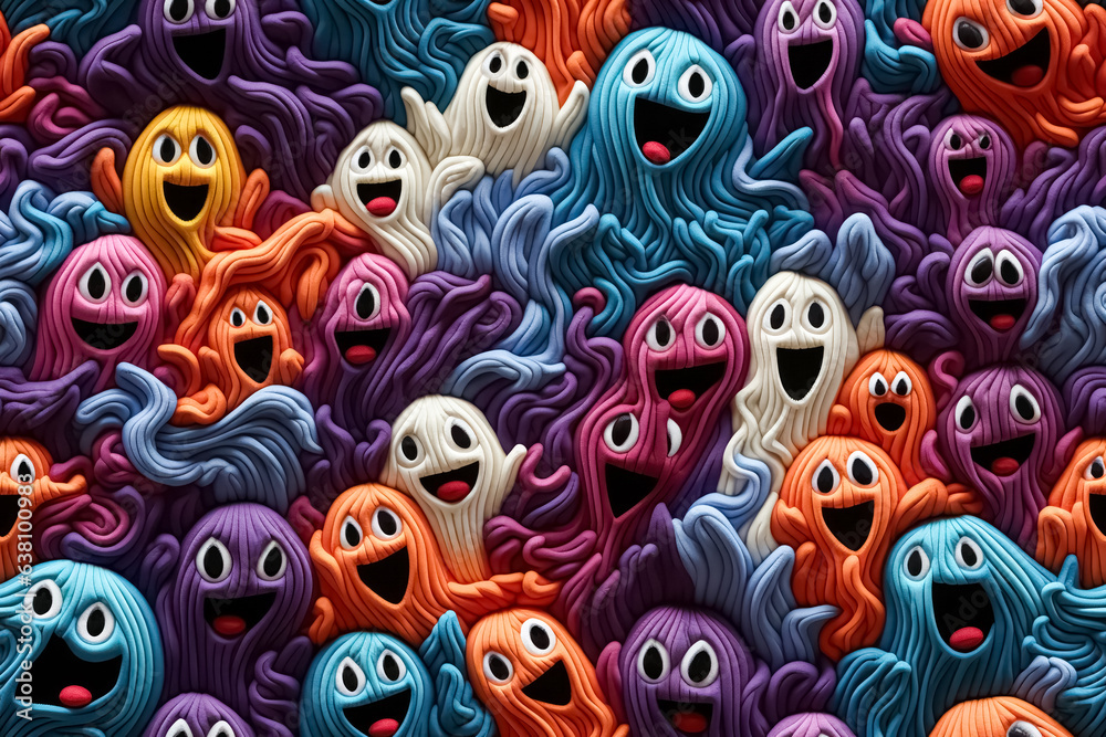 Fröhliche Geister, bunt und lustig als Hintergrund zu Halloween mit haptische Stoffmuster Textur Fröhliche Geister, bunt und lustig als Hintergrund zu Halloween mit haptische Stoffmuster Textur