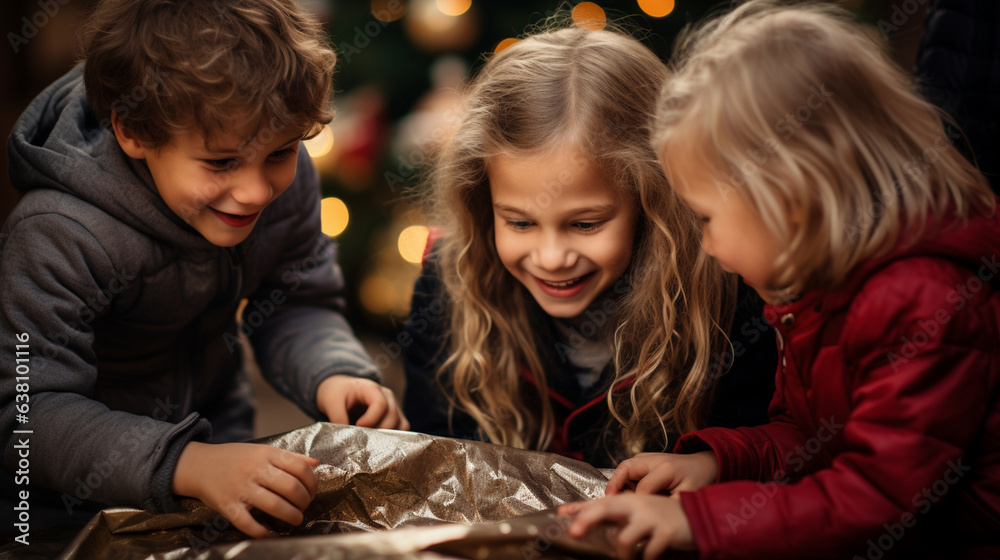 Fototapeta premium A joyous moment of children unwrapping presents under the Christmas tree, surrounded by torn wrapping paper.