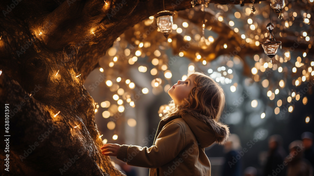 A child in awe, gazing at a mesmerizing display of illuminated Christmas lights decorating a grand oak tree. A child in awe, gazing at a mesmerizing display of illuminated Christmas lights decorating a grand oak tree.