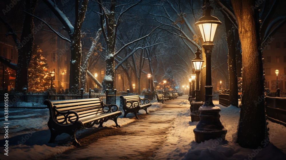 A serene winter park with snow-covered benches, softly lit street lamps, and a path inviting a peaceful stroll.  