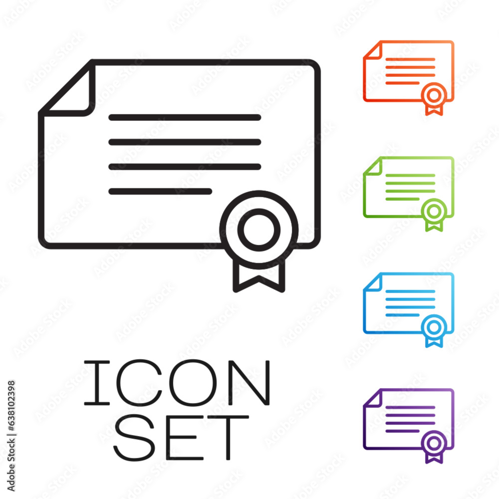 Black line Certificate template icon isolated on white background. Achievement, award, degree, grant, diploma concepts. Set icons colorful. Vector Black line Certificate template icon isolated on white background. Achievement, award, degree, grant, diploma concepts. Set icons colorful. Vector