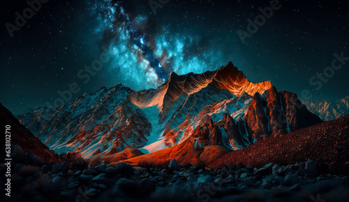 Beautiful Starry Night, Colorful Sky and Majestic Mountains under the Milky Way Galaxy, natural landscape background © Nuchjara