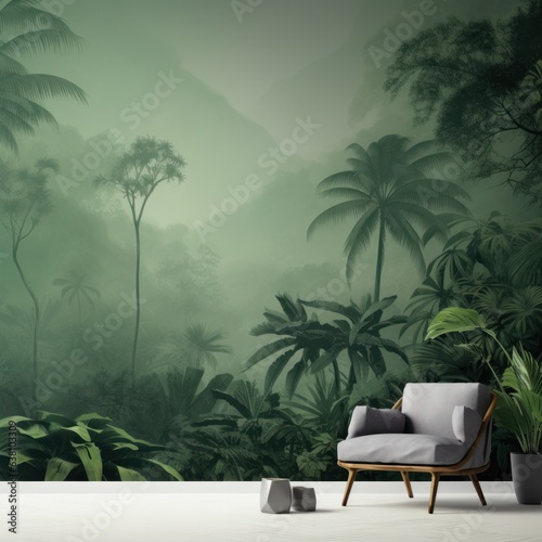 A foggy landscape of outdoor furniture and trees frames a solitary chair surrounded by vibrant plants, creating an inviting and serene atmosphere