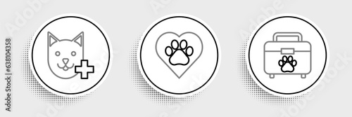 Set line Pet first aid kit, Veterinary clinic symbol and Heart with animals footprint icon. Vector
