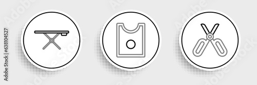 Set line Scissors, Ironing board and Sewing Pattern icon. Vector