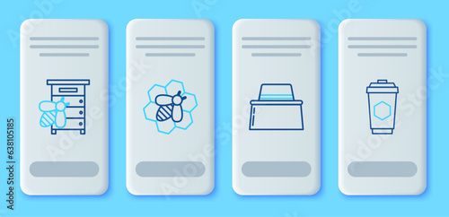 Set line Bee and honeycomb, Beekeeper with protect hat, Hive for bees and Cup of tea icon. Vector
