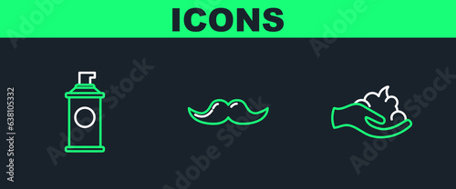 Set line Shaving gel foam on hand, and Mustache icon. Vector
