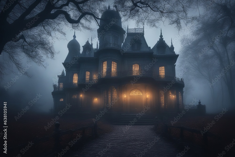 A big black two-story scary house with lights from the windows, nighttime