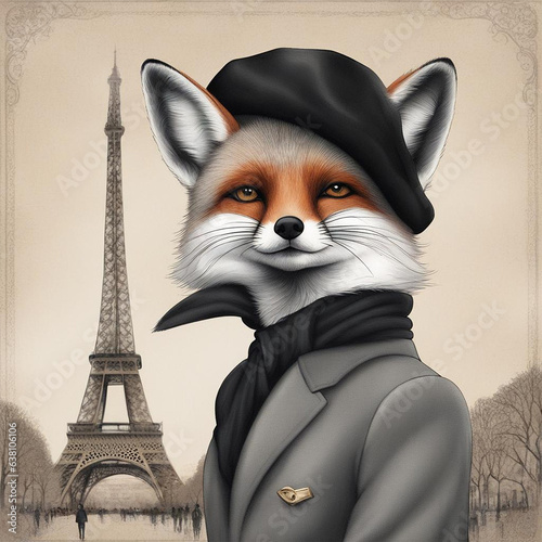 Grey Fox Tourist with a Beret in Paris Generative AI Artwork 