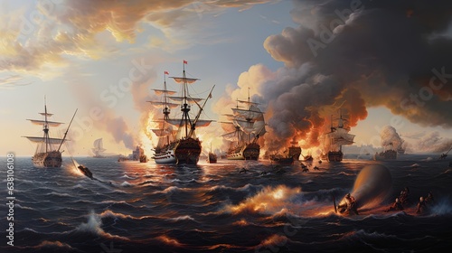 Illustration of a naval battle between ships from the 18th century. Generative AI © HC FOTOSTUDIO