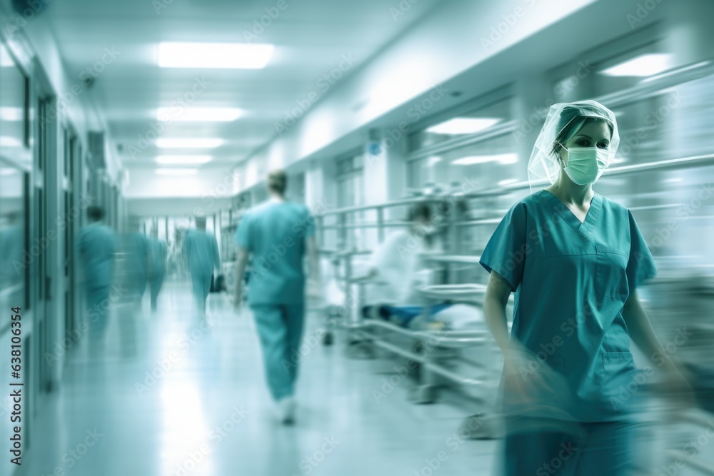 Medical personnel moving through hospital corridor Medical personnel moving through hospital corridor