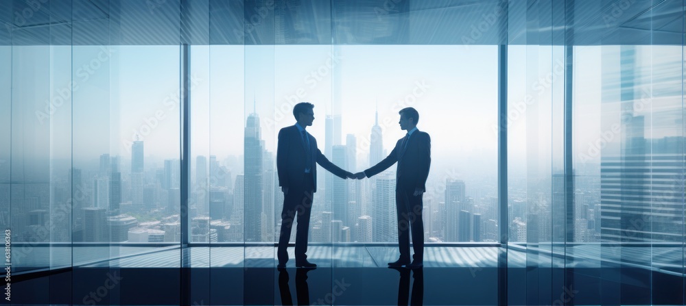 Business men shaking hands en route or on the business background
