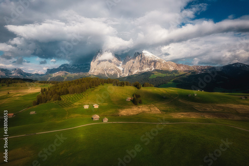 Aerial view of Alpe di Siusi landscapes, Italy Dolomites in spring time