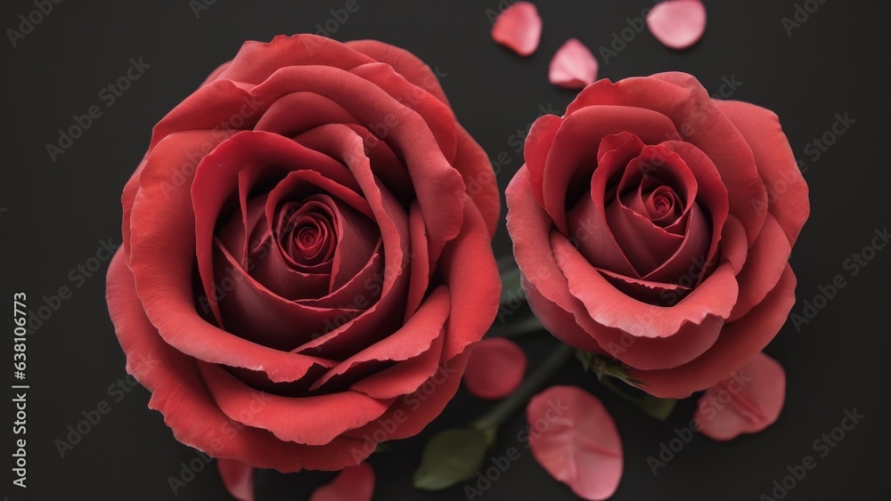 beautiful red rose petals on dark background, top view