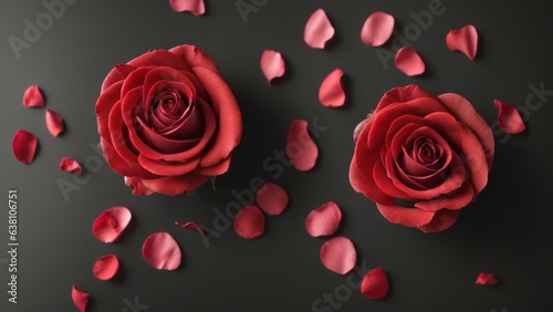 beautiful red rose petals on dark background  top view