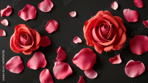 beautiful red rose petals on dark background  top view