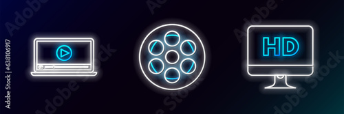 Set line Computer PC monitor with HD video technology, Online play and Film reel icon. Glowing neon. Vector