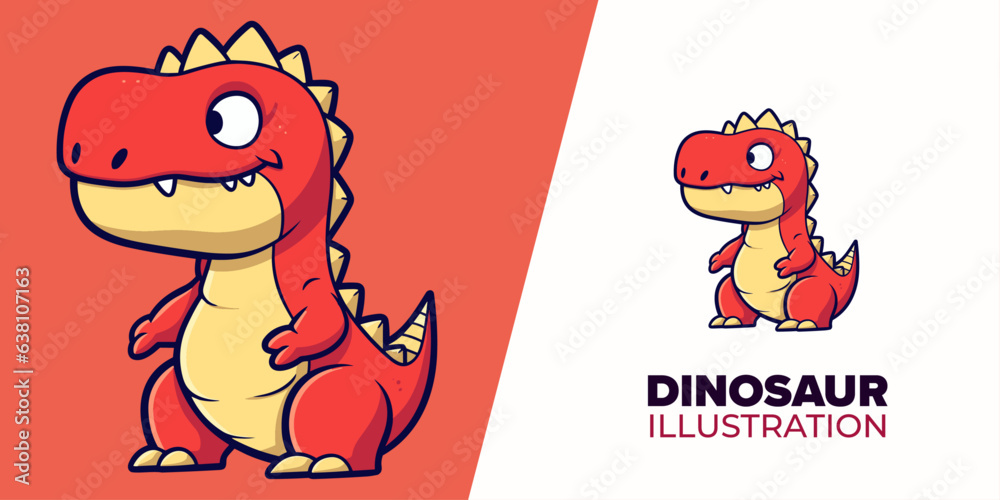 Naklejka premium Cute red baby dinosaur cartoon vector icon illustration with an adorable animal nature icon concept, presented in an isolated flat cartoon style