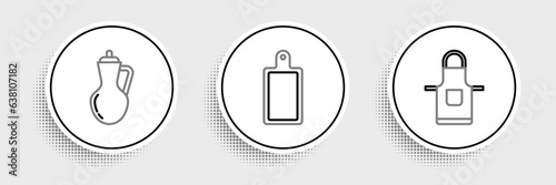 Set line Kitchen apron, Bottle of olive oil and Cutting board icon. Vector