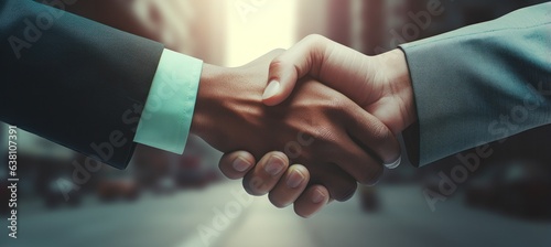 Business men shaking hands en route or on the business background