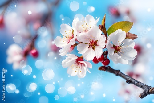 Springtime cherry blossoms on a branch set against a hazy blue background with floating particles