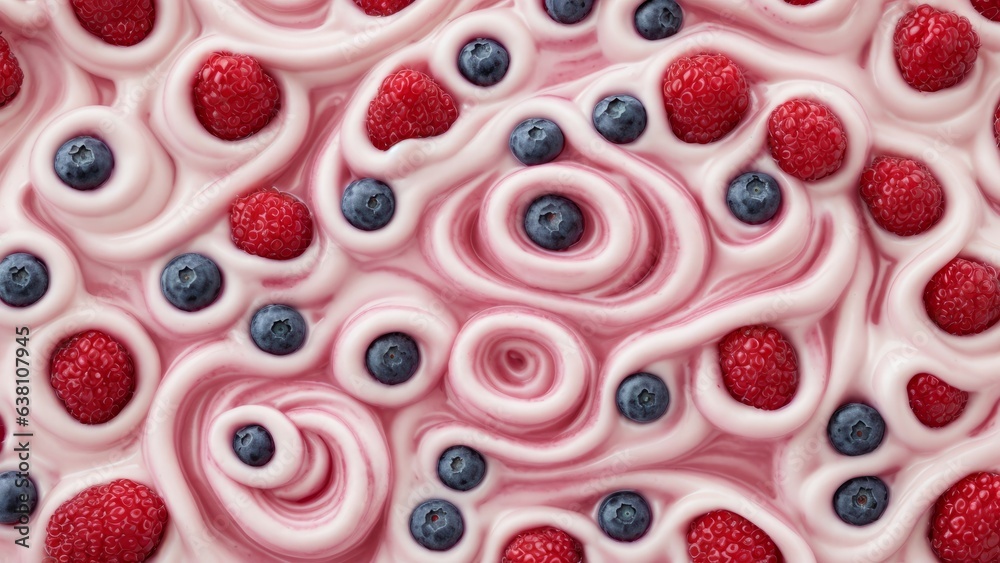 Milk wave tornado splash with berries, fruit yogurt or milk cream drink. Strawberry, raspberry, blueberry and cranberry berries in milk swirl tornado in splash background Milk wave tornado splash with berries, fruit yogurt or milk cream drink. Strawberry, raspberry, blueberry and cranberry berries in milk swirl tornado in splash background