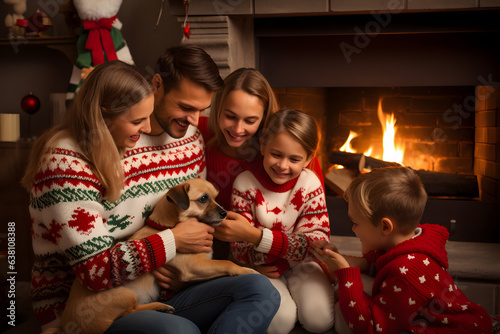 Family in matching holiday sweaters gathered around a cozy fireplace.  photo
