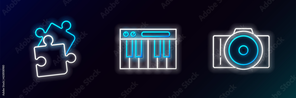 Set line Photo camera, Piece of puzzle and Music synthesizer icon. Glowing neon. Vector Set line Photo camera, Piece of puzzle and Music synthesizer icon. Glowing neon. Vector