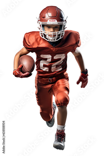 Kid In motion. Athletic Rugby kid playing on ground in full rugby uniform on transparent background.