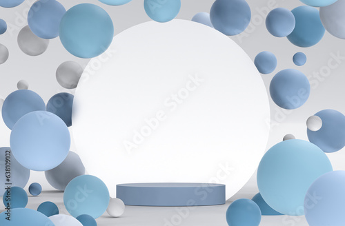 Abstract 3d rendering of podium for cosmetics, perfume, products presentation. Ready made scene. pink purple geometric figures flying next to violet matte pedestal. Futuristic stand mockup