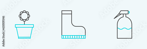 Set line Garden sprayer, Flower in pot and Waterproof rubber boot icon. Vector