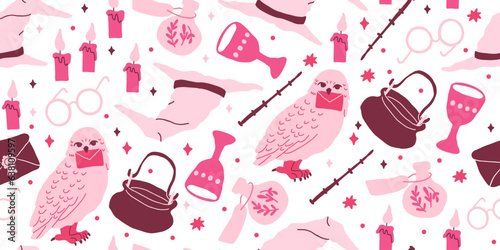 Pink Halloween pattern with stars, magic witch hat, cauldron, potion bottles, candles, treasures, book of spells, owl, magic wand. Vector illustration