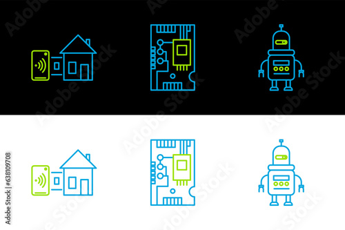 Set line Robot, Smart home and Electronic computer components motherboard digital chip icon. Vector